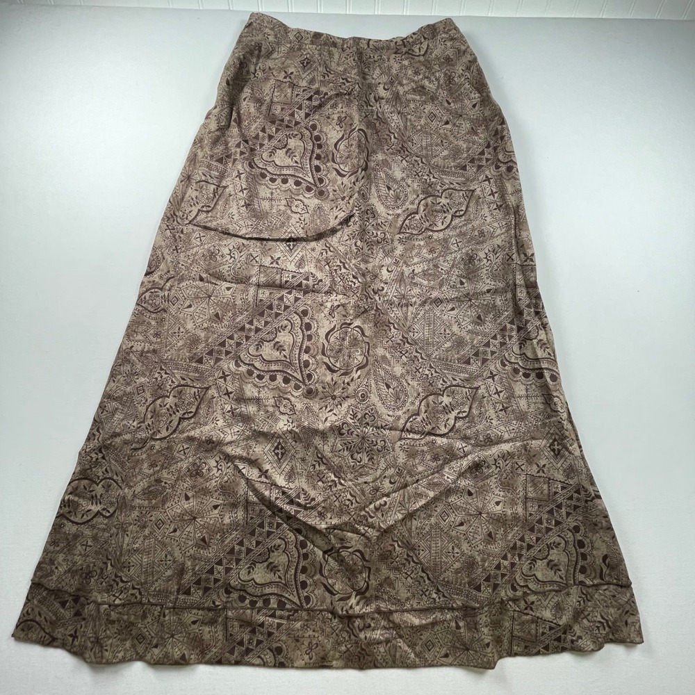 Peruvian Connection Brown Geometric Print Hi-Low Maxi Skirt Size 8 Made In Peru